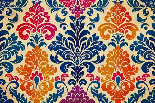 Vibrant Baroque Damask Pattern Background with Rich Colored Floral Motifs on a Dark Canvas