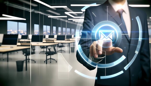 Businessman touching mail icon on virtual screen concept of advanced communication and office technology 