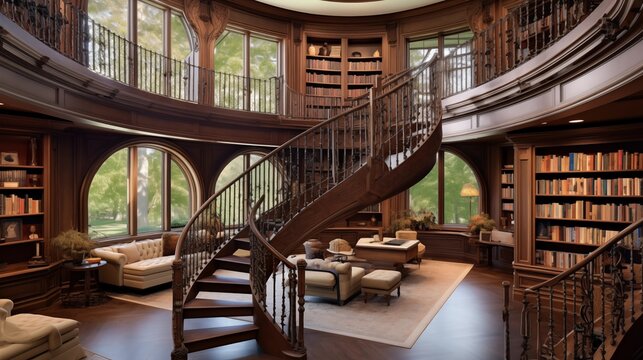 Captivating two-story library with spindled railings, window seats, floor-to-ceiling shelving, and rolling ladder