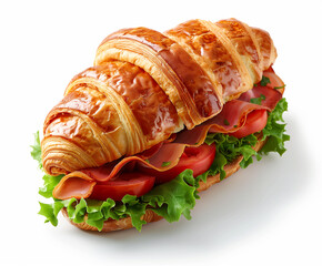 A close-up view of a delicious croissant sandwich against a crisp white background
