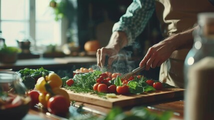 A professional chef finely chops fresh vegetables to prepare an organic salad in a bright, sunny kitchen environment.