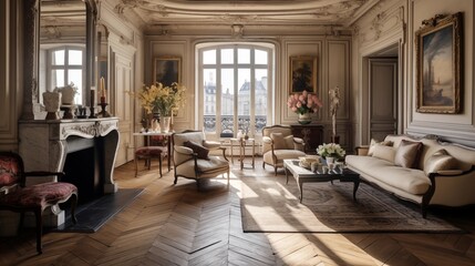 Charming vintage Parisian apartment with Versailles patterned oak floors, raw carved ceiling beams,...
