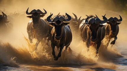 A herd of wildebeest are running through a muddy river