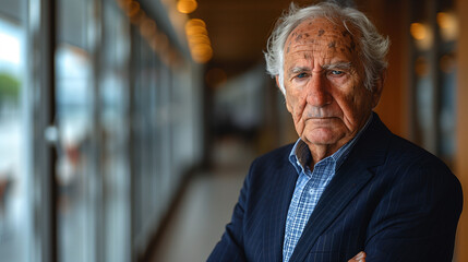 Portrait of a contemplative elderly man with a serious expression, indoors with blurred background. - obrazy, fototapety, plakaty