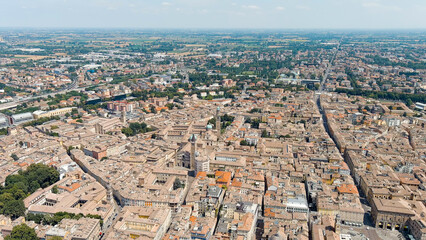 Parma, Italy. The historical center of Parma. Parma Cathedral. Panorama of the city from the air. Summer day, Aerial View