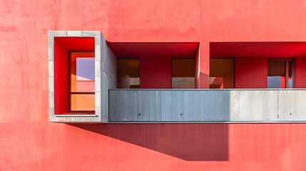 Mediterranean house facade with alternating red and blue window frames