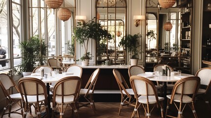 Fototapeta na wymiar Chic Parisian cafe with herringbone wood floors, vintage mirrored accents, and romantic rattan bistro chairs