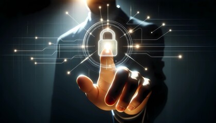 Businessman touching padlock icon on virtual screen with a cybersecurity for virtual business concept 