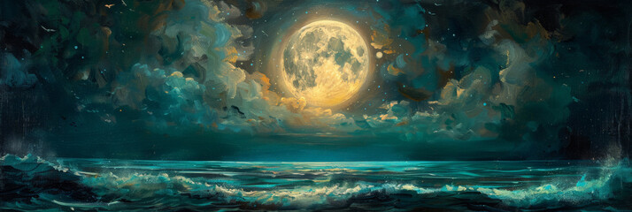  full moon on sea at night background, blue moon with clouds on ocean,banner
