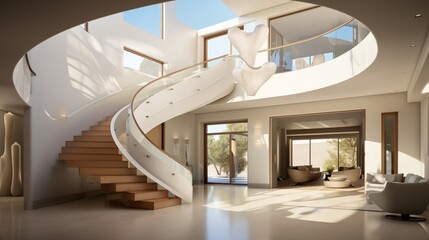 Contemporary architectural masterpiece entry with floating curved staircase, vaulted atrium, and sculptural chandelier