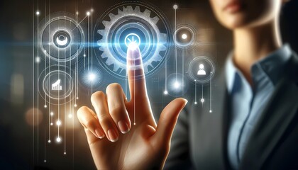 Businessman touching gear icon on virtual screen concept of modern technology in business operations and data management
