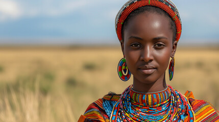 A stunning African woman adorned in traditional Maasai attire stands proudly against the backdrop of the vast Serengeti plains, her colorful beads and intricate jewelry sparkling i - obrazy, fototapety, plakaty