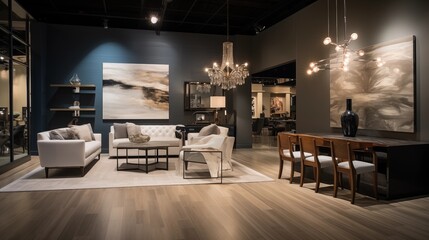 Contemporary furnishings showroom with vignettes, accent lighting, and neutral backdrops