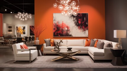 Contemporary furnishings showroom with vignettes, accent lighting, and neutral backdrops