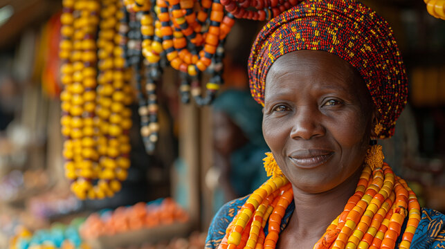 Against the backdrop of a bustling African market, an African woman sells her handmade crafts with pride and determination, her entrepreneurial spirit shining brightly as she engag