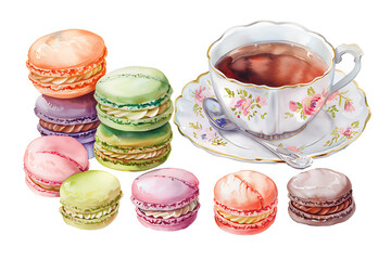 Watercolor painting Delicious sweets Macarons served on a table of luxurious interior.