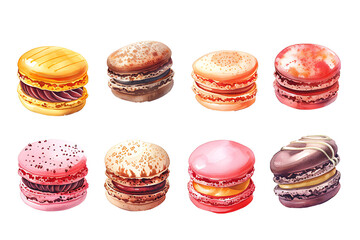 Watercolor painting Delicious sweets Macarons served on a table of luxurious interior.