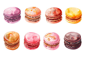 Watercolor painting Delicious sweets Macarons served on a table of luxurious interior.