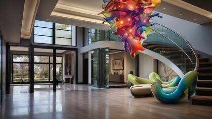 Contemporary masterpiece of a home entry with floating curved staircase and sculptural colored glass chandelier - obrazy, fototapety, plakaty