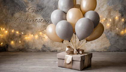 Karte oder Banner, um alles Gute zum Geburtstag in Braun zu wünschen, dargestellt durch ein Geschenk und graue und beige Luftballons auf einem grauen und beigen Hintergrund mit Aquarelleffekt