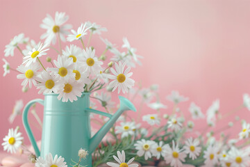 White flowers in turquoise blue watering can on pink background. Generative AI.