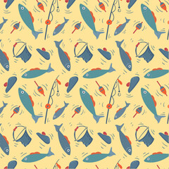 Fisherman's pattern with fishing elements. Seamless pattern with fish, fishing rod, float, beret and fishing bucket. Pattern for fabric, baby clothes, background, textile, wrapping paper. Vector image