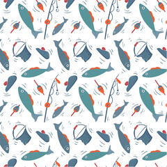 Fisherman's pattern with fishing elements. Seamless pattern with fish, fishing rod, float, beret and fishing bucket. Pattern for fabric, baby clothes, background, textile, wrapping paper. Vector image