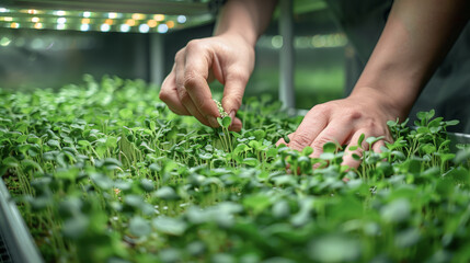 Hands spreading microgreen seeds in an urban farm setup,  the start of a high-yield crop, fluorescent lighting ensures every seed is visible.