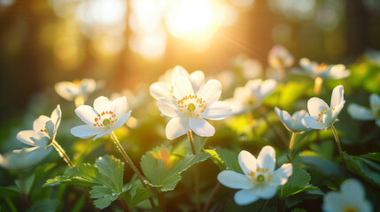 Dappled Sunlight on Forest Flowers
The forest floor comes alive with white primroses, softly illuminated by the dappled sunlight filtering through the trees. - obrazy, fototapety, plakaty