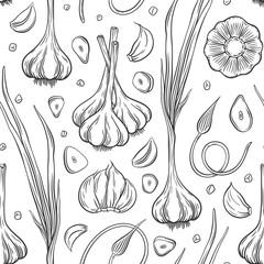 Vector seamless pattern with outline garlic bulb and garlic cloves. Sketch garlic illustration with cut and whole bulbs, cloves, stem and green.