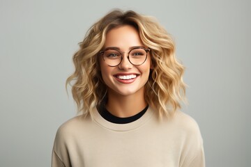 Attractive, happy and smiling young woman with blonde hair wearing glasses, isolated on a plain background 