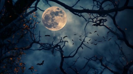 Bats fly against a full moon, silhouetted by leafless branches in a moody night scene.