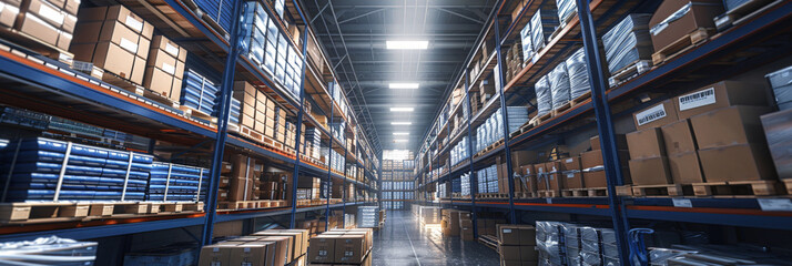 Fototapeta premium Warehouse industrial and logistics companies. Commercial warehouse. Huge distribution warehouse with high shelves., Distribution products,banner