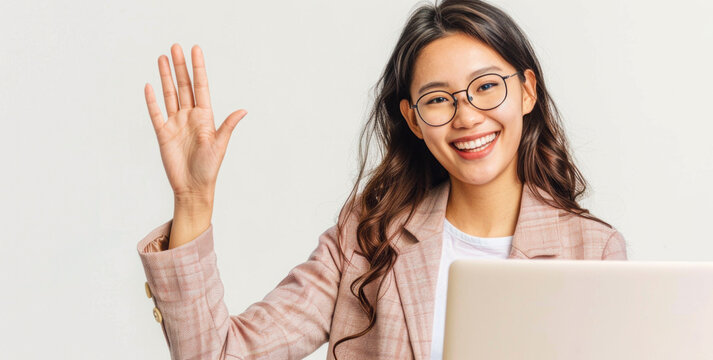 
Smiling Asian businesswoman with laptop, waving at camera on white background. Ideal for professional greetings. Space for text.