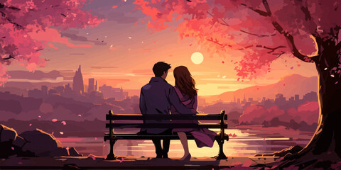 Couple sweet kissing siting on bench in park romantic scenery pastel vector illustration in concepts cute kawaii anime manga style - obrazy, fototapety, plakaty