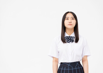 制服を着た日本人女子高校生のポートーレート/白背景スタジオ撮影	
