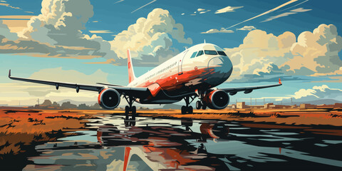 airplanes on the runway with bright sky and good weather vector - obrazy, fototapety, plakaty