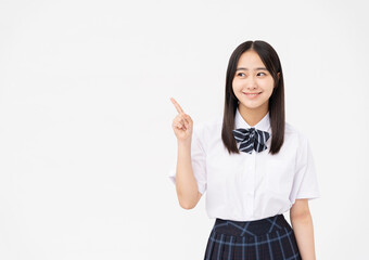 制服を着た日本人女子高校生/白背景スタジオ撮影	