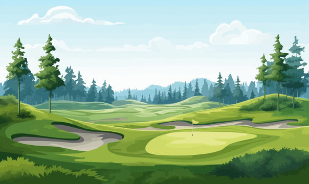 A golf course with a green grassy field and a few trees