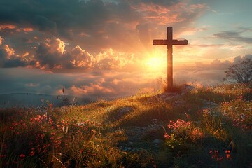 minimalistic design Christian cross on hill outdoors at sunrise. Resurrection of Jesus. Concept...