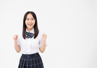 制服を着た日本人女子高校生/白背景スタジオ撮影	