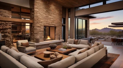 Plaid mouton avec photo Mur chinois Desert contemporary great room with earthy tones, stacked stone, and wood accents