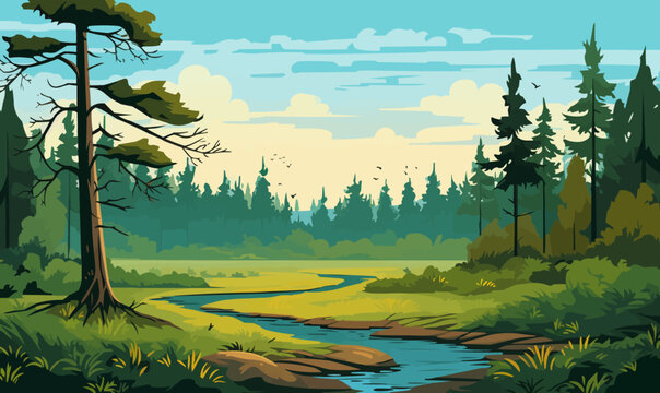 Forrest landscape with grass and lots of trees, nature inspired vector illustration