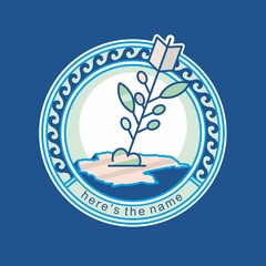 Logo or coat of arms of the region of the country.
The coat of arms features elements: an arrow piercing into the ground. From the arrow grow leaves, the logo is surrounded by waves of the ocean, rive