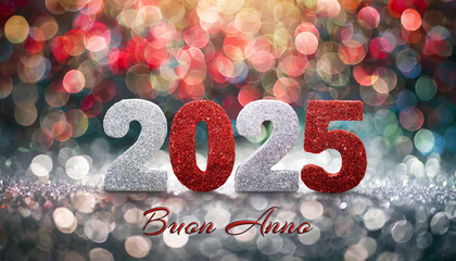 biglietto o banner per augurare un felice anno nuovo 2025 in rosso e argento su uno sfondo con cerchi con effetto bokeh di diversi colori