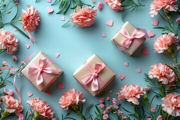 Mother's Day concept. Top view flat lay photo of gift boxes with pink ribbons, carnation flowers, and pink paper hearts