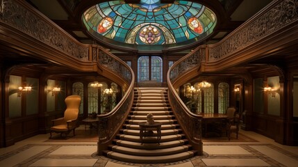 Dramatic entryway to Gilded Age estate with curved double staircases, domed stained glass ceiling, and wainscoting - obrazy, fototapety, plakaty