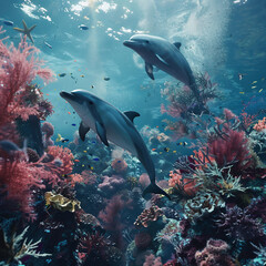 Dolphin in a coral reef with corals and fish