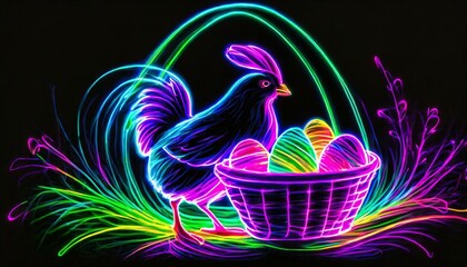 Wielkanocna neonowa ilustracja z pisankami, koszykiem i kurczątkami - obrazy, fototapety, plakaty