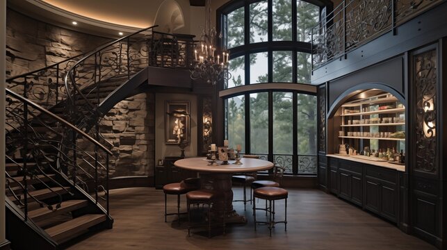 Dramatic two-story wine room with rolling laddder, wrought iron railings, and tasting bar